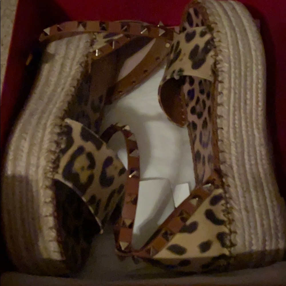 Valentino Leopard Print Espadrille Wedge Sandals in Tan and Black